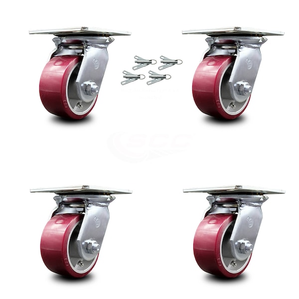 4 Inch Poly on Aluminum Caster Set with Roller Bearings and Swivel Locks SCC